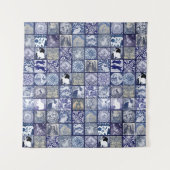 青い白うさぎヴィンテージユニークタイルパターン タペストリー (正面)