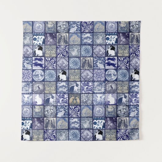 青い白うさぎヴィンテージユニークタイルパターン タペストリー (正面)