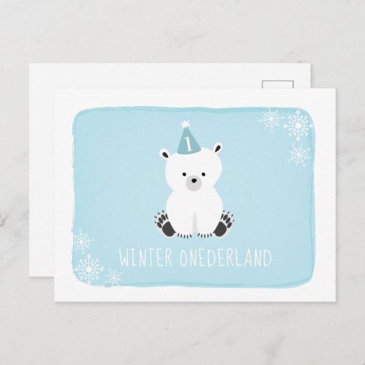 青い白くまの冬のOnederlandの最初誕生日 インビテーションポストカード (正面/裏面)