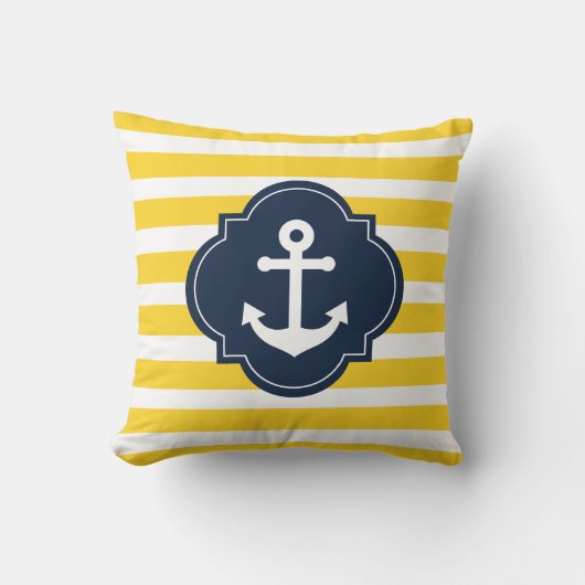 青い白く及び黄色の航海のないかりのストライプのな枕 クッション (正面)