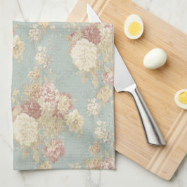 青い白とピンクのフローラみすぼらしいシックな花 キッチンタオル