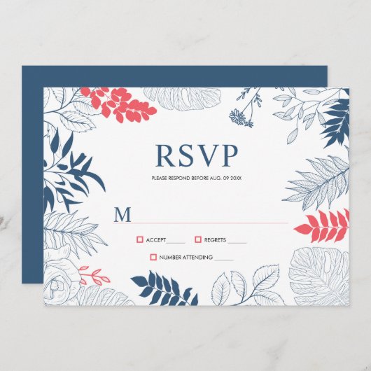 青い白と珊瑚赤の熱帯フローラ枠 メニュー (正面/裏面)