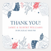 青い白と珊瑚赤色の熱帯フローラ枠 スクエアシール (正面)