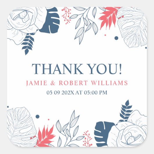 青い白と珊瑚赤色の熱帯フローラ枠 スクエアシール (正面)