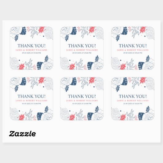 青い白と珊瑚赤色の熱帯フローラ枠 スクエアシール (シート)