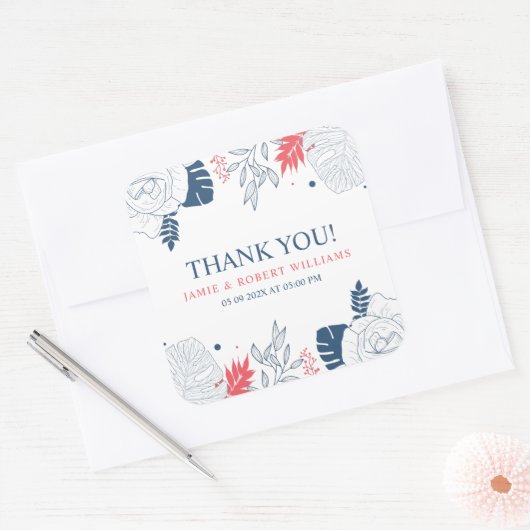 青い白と珊瑚赤色の熱帯フローラ枠 スクエアシール (封筒)