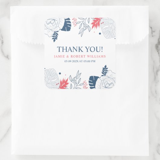 青い白と珊瑚赤色の熱帯フローラ枠 スクエアシール (バッグ)