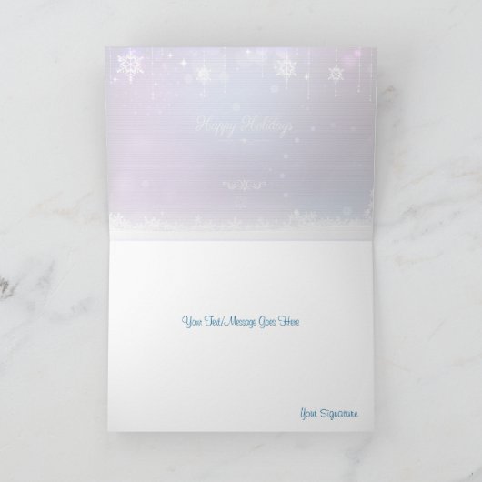 青い白と紫のクリスマススノーフレーク シーズンカード (内部)