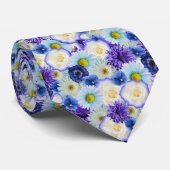 青い白と黄色の花フローラコラージュ ネクタイ (ロール)