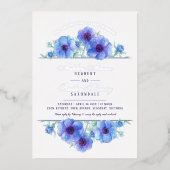 青い白のアネモネ結婚の水彩写真 箔招待状 (正面)