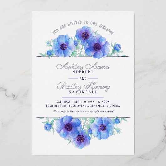 青い白のアネモネ結婚の水彩写真 箔招待状 (正面)
