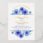 青い白のアネモンフローラ結婚水彩箔 箔招待状 (正面)
