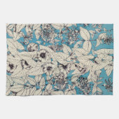 青い白のグラフィック花のパターン キッチンタオル (横)