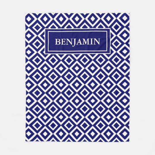 青い白のジオメトモダンリパターンをパーソナライズ フリースブランケット (正面)