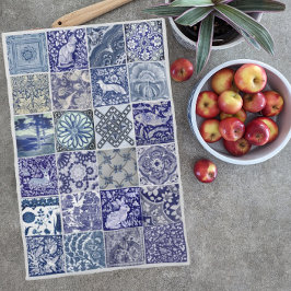 青い白のタイルアンティークヴィンテージパタモダンーン キッチンタオル