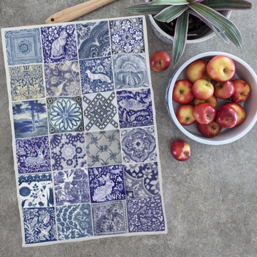 青い白のタイルアンティークヴィンテージパタモダンーン キッチンタオル
