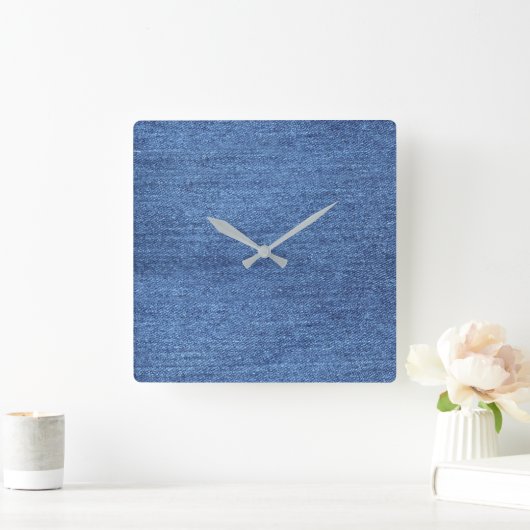 青い白のデニムテクスチャルックイメージ スクエア壁時計 (ホーム)