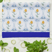 青い白のデルフトチューリップタイルパターン縁ど青 キッチンタオル (折り畳み)