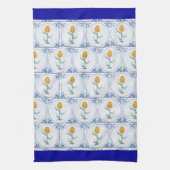 青い白のデルフトチューリップタイルパターン縁ど青 キッチンタオル (縦)