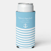 青い白のパーソナライズされた目的地の結婚式の好意 スリム缶クーラー (Seltzer正面)