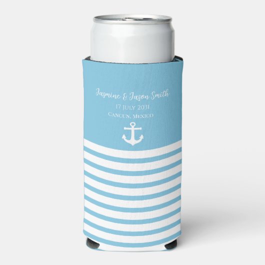 青い白のパーソナライズされた目的地の結婚式の好意 スリム缶クーラー (Seltzer正面)