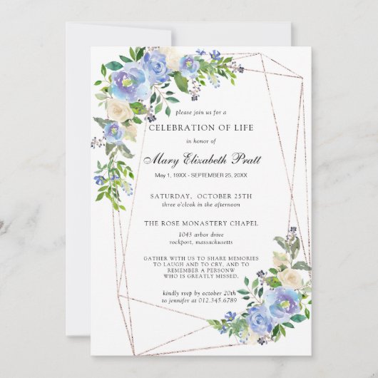 青い白のフローラの幾何学的お祝い 招待状 (正面)