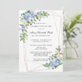 青い白のフローラの幾何学的お祝い 招待状 (スタンド正面)