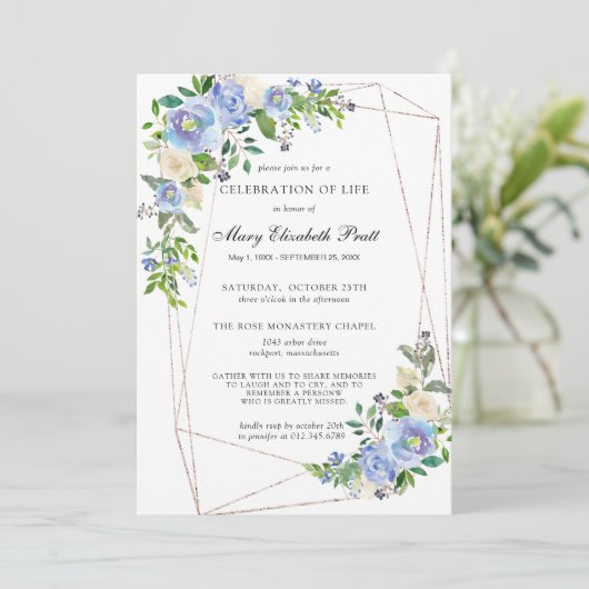 青い白のフローラの幾何学的お祝い 招待状 (スタンド正面)