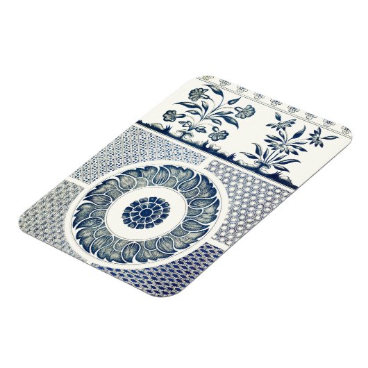 青い白のフローラ中国の丸 マグネット (左側)