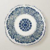 青い白のフローラ中国の丸 ラウンドクッション (正面)