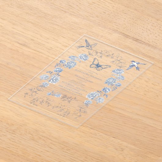 青い白のフローラ結婚磁器 アクリル招待状 (レイダウン)