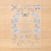 青い白のフローラ結婚磁器 アクリル招待状 (正面)