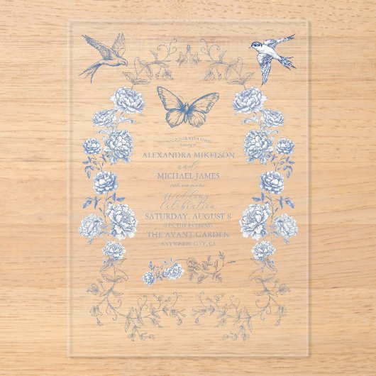 青い白のフローラ結婚磁器 アクリル招待状 (正面)