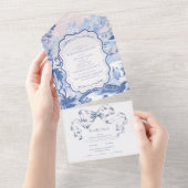 青い白のフローラ結婚磁器 オールインワン招待状 (貼ってはがせる)