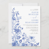 青い白のフローラ結婚磁器 招待状 (正面)