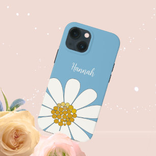 青い白のモダンデイジー花のパーソナライズ名 iPhone 13 MINIケース