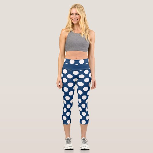 青い白のモダントレンディー水玉模様パターン カプリレギンス (正面)