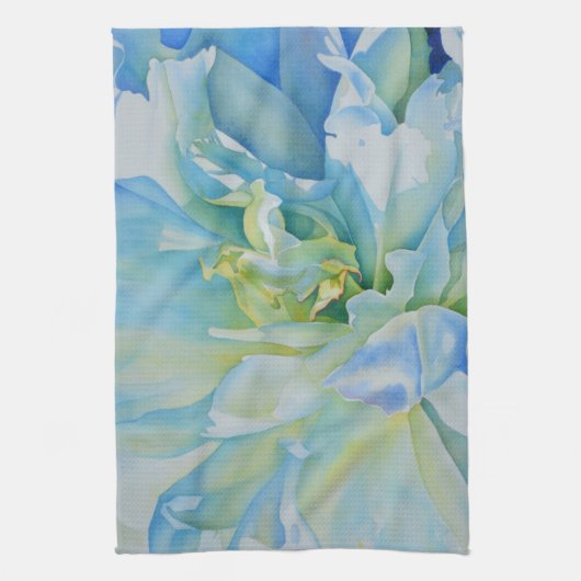 青い白のロマンチックな牡丹の絵画水色 キッチンタオル (縦)
