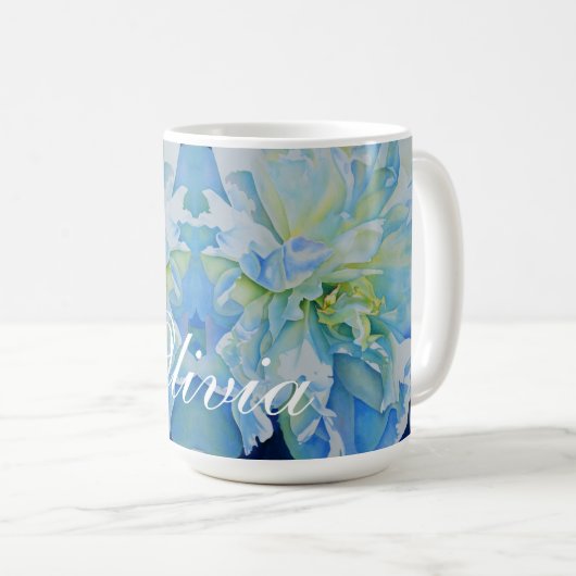 青い白のロマンチックな牡丹の絵画水色 コーヒーマグカップ (正面右)