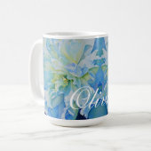 青い白のロマンチックな牡丹の絵画水色 コーヒーマグカップ (正面左)