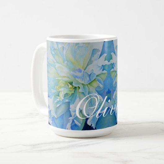 青い白のロマンチックな牡丹の絵画水色 コーヒーマグカップ (正面左)