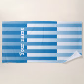 青い白の個人用設ストライプの定 ビーチタオル (正面)