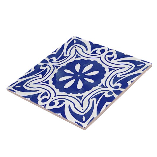 青い白の地中海の抽象芸術フローラ タイル (側面)