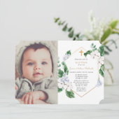 青い白の春花模様金ゴールド男の子バプテスマ写真 招待状 (スタンド正面)