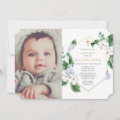 青い白の春花模様金ゴールド男の子バプテスマ写真 招待状 (正面)