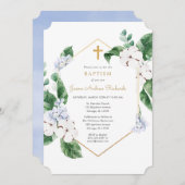 青い白の春花模様金ゴールド男の子バプテスマ 招待状 (正面/裏面)