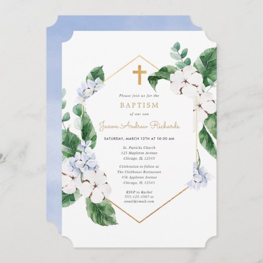 青い白の春花模様金ゴールド男の子バプテスマ 招待状 (正面/裏面)