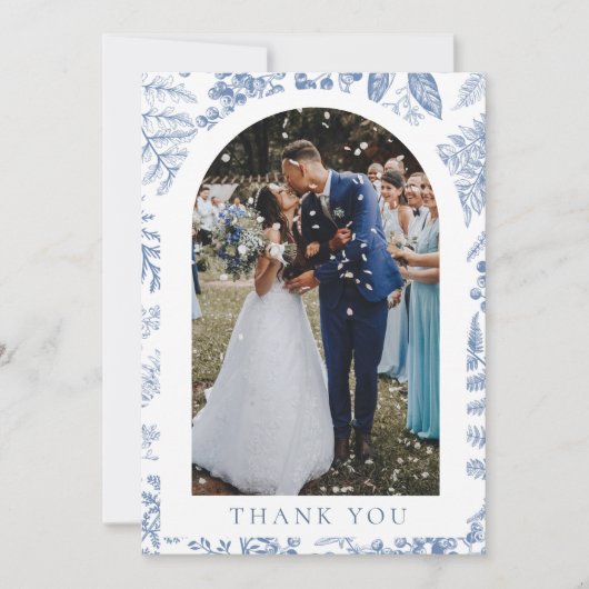 青い白の柳フローラ結婚写真 サンキューカード (正面)