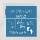 青い白の男の赤ちゃん写真の誕生のお知らせ 案内状 (正面/裏面)