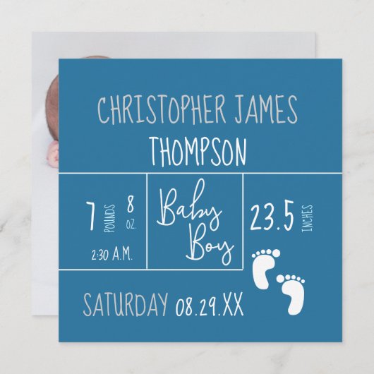 青い白の男の赤ちゃん写真の誕生のお知らせ 案内状 (正面/裏面)